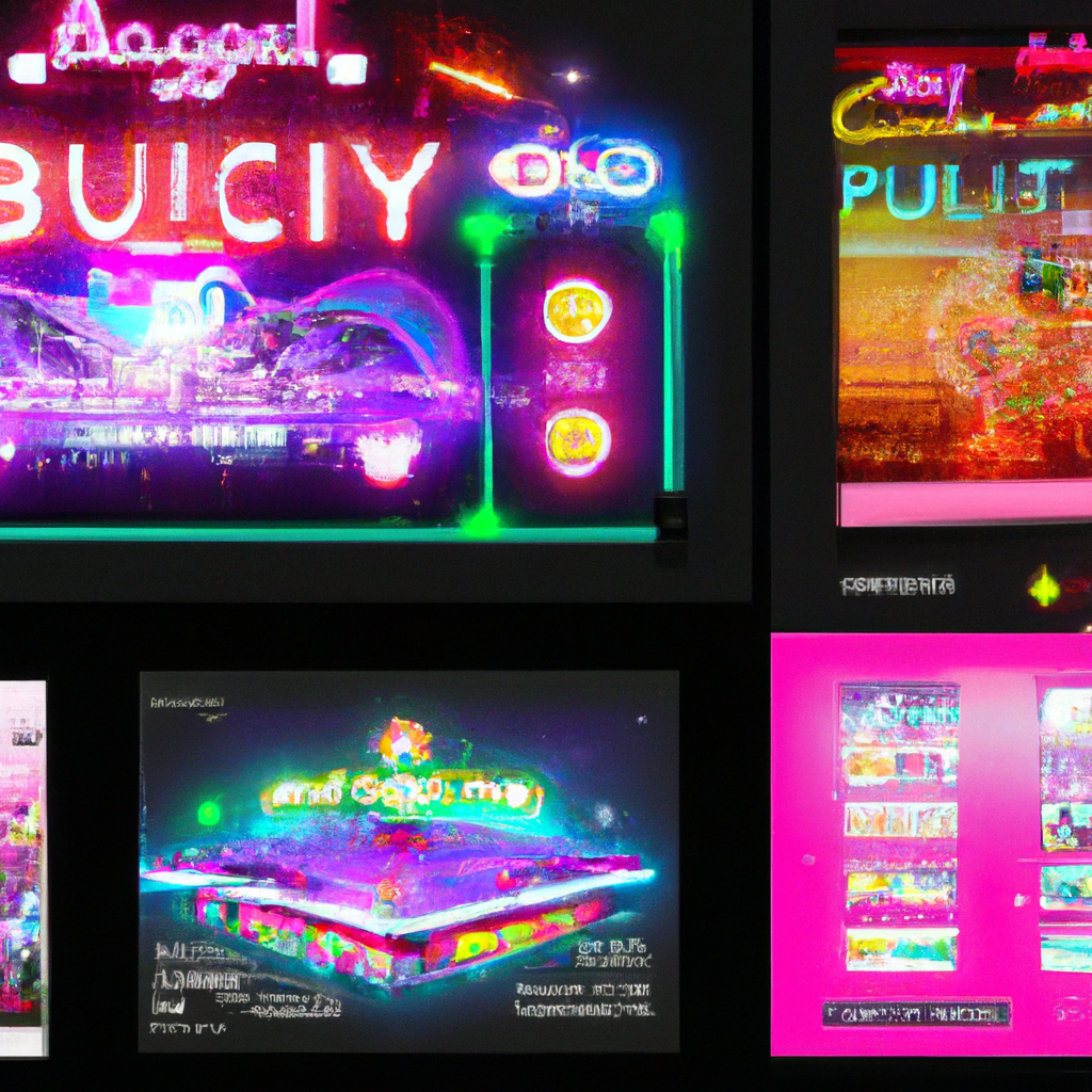 ArcadeFlux hero collage: neon arcade cabinets, floating stages, scoreboard